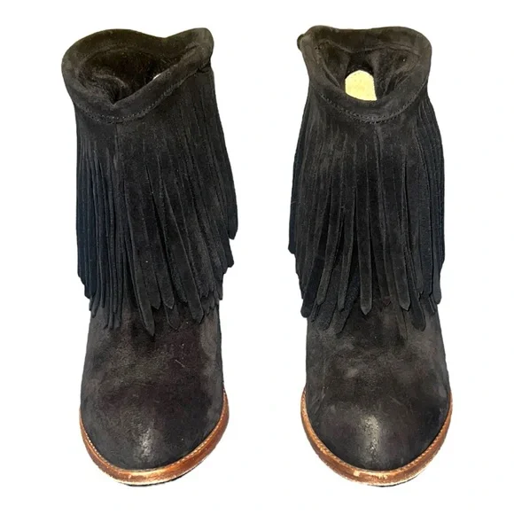 Frye Jenna Fringe Short Black Suede Leather Ankle Booties 7B 3478807-BLK